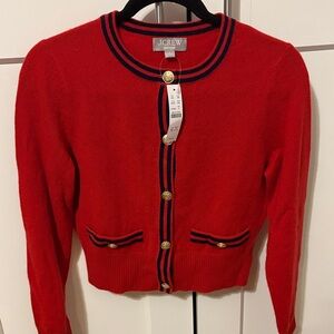 J. Crew Red Cardigan with Navy Accents and gold buttons